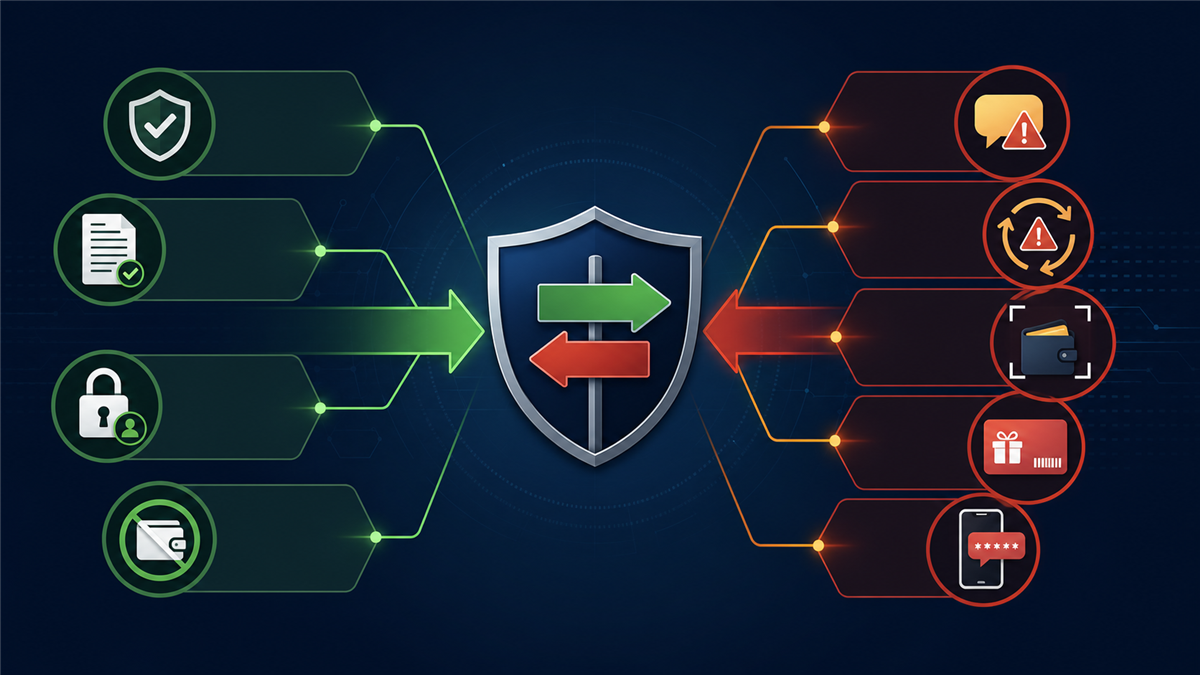 Stop-or-proceed matrix comparing verified terms and minimal permissions with payment and credential warning signs